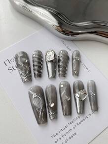 10 szt. Długie sztuczne paznokcie w stylu Millennium It Girl, czarne lustro z ciężkiego metalu i srebrny kryształ górski, ręcznie robione, zdejmowane i wielokrotnego użytku, odpowiednie do codziennej pracy biurowej, w zestawie 1 szt. kleju w żelu i 1 szt. pilnika do paznokci Materiały do paznokci