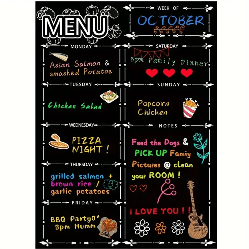 1pc, Magnetic Menu Board For Fridge, Dry Erase Weekly Menu Planner/Family Calendar With Grocery List And Notes - Black - View 1
