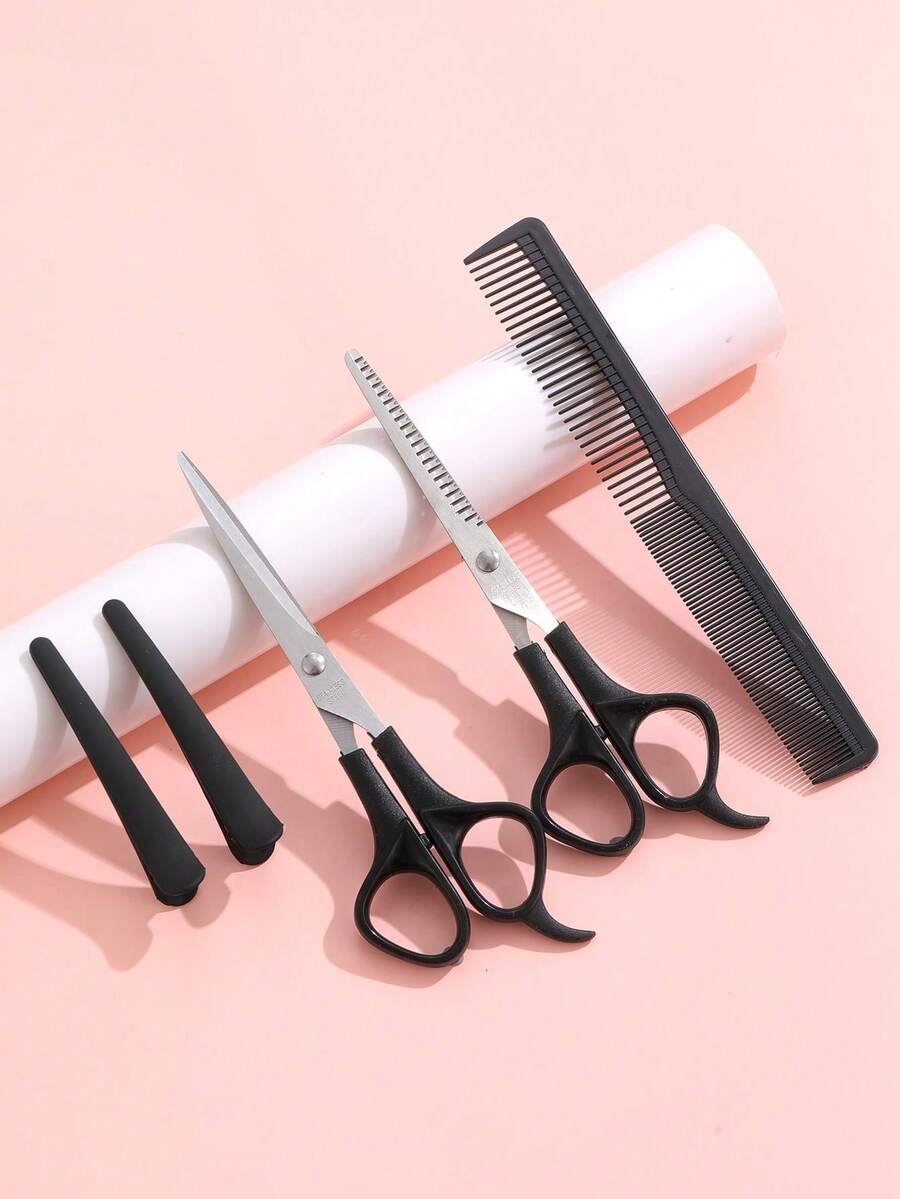 5pcs Hair Cutting Scissors & Thinning Shear Set With Comb Set - Black - View 1