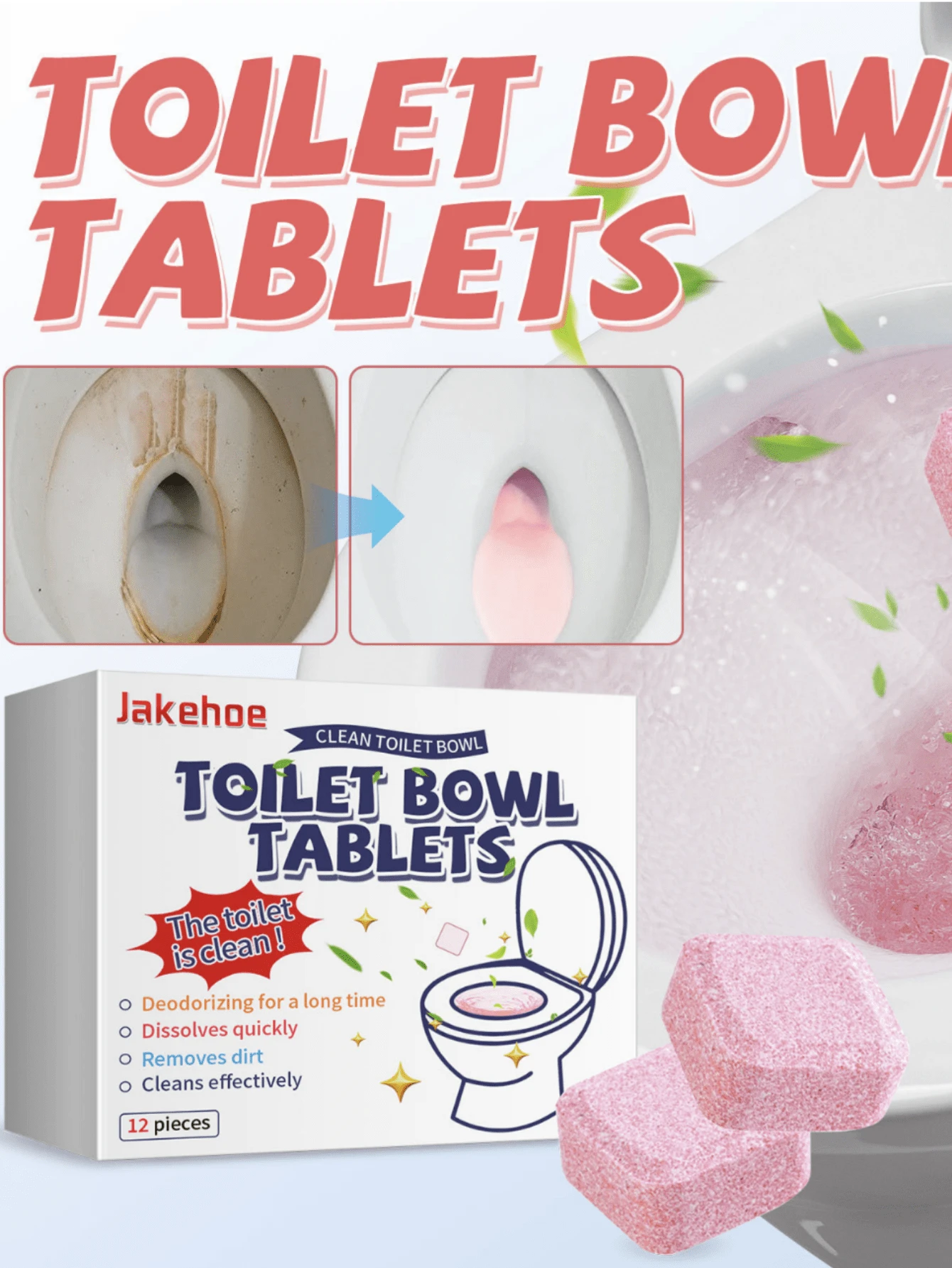 Jakehoe Toilet Cleaning Tablets Effervescent Deodorizer Stain Remover