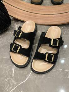 女款復古厚底拖鞋，柔軟鞋底，2024新款夏季風格，多功能平底沙灘涼鞋 - 黑色 - 查看 4