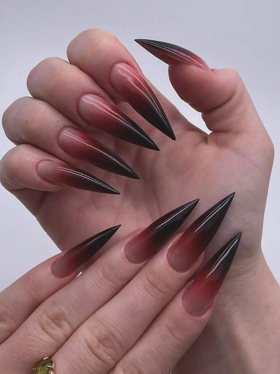 24 unhas postiças em degradê de vinho vermelho com design simples, unhas falsas para uso diário de mulheres e meninas (formato de longa estilete) - Vinho - Visão 1