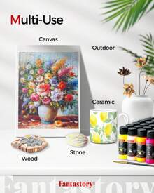 Fantastory 24 色（2 盎司/60 毫升）丙烯颜料套装，含 12 支画笔，适合成人、艺术家和儿童初学者的工艺颜料，适用于陶瓷、木材、织物、模型、岩石、帆布的绘画用品，返校用品，学校用品 - 彩色 - 查看 7