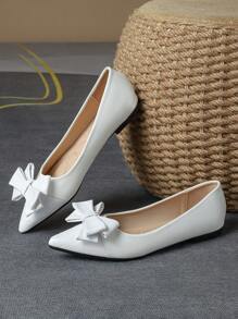 MonaNise Women's Comfortable Pointed Toe Low Vamp Flat Shoes In Black/White/Navy Blue Color With Bow Tie, Red Party Dress Shoes, Yellow Casual Shoes, Pink Shoes Valentines - White - View 6