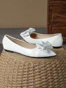 MonaNise Women's Comfortable Pointed Toe Low Vamp Flat Shoes In Black/White/Navy Blue Color With Bow Tie, Red Party Dress Shoes, Yellow Casual Shoes, Pink Shoes Valentines - White - View 4