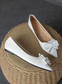 MonaNise Women's Comfortable Pointed Toe Low Vamp Flat Shoes In Black/White/Navy Blue Color With Bow Tie, Red Party Dress Shoes, Yellow Casual Shoes, Pink Shoes Valentines - White - View 3