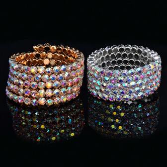 Un brazalete de 5 capas con cristales de , estilo europeo y americano, personalizado y de moda, con apertura, pulsera de múltiples capas y brazalete ancho, joyería adecuada para uso en el escenario y bodas.