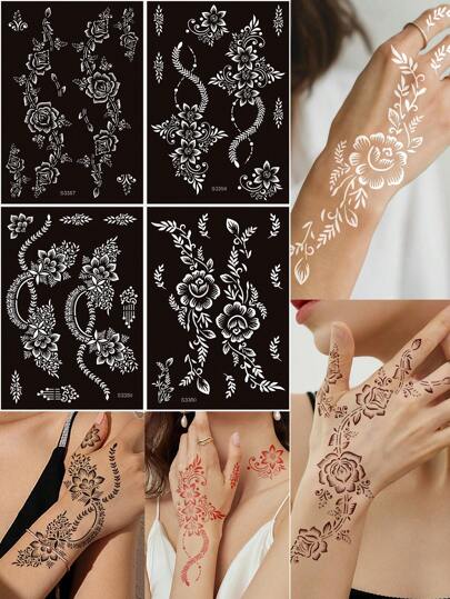 Tiebeauty 4 Sheets Flower Tattoo Stencil Sticker Flora Temporary Henna Hollow Tattoo Templates For Hand Arm Foot , DIY Tattoo Body Art Painting Party