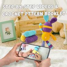 Kit de bricolaje de trenzas de ganchillo con tutorial en vídeo, kit de costura de peluche de conejo colorido que incluye tutorial de video paso a paso completo, instrucciones en inglés, gancho de ganchillo, marcador de punto, aguja de coser, etc. (los colores de las partes de herramientas son aleatorios) - Multicolor - Ver 3