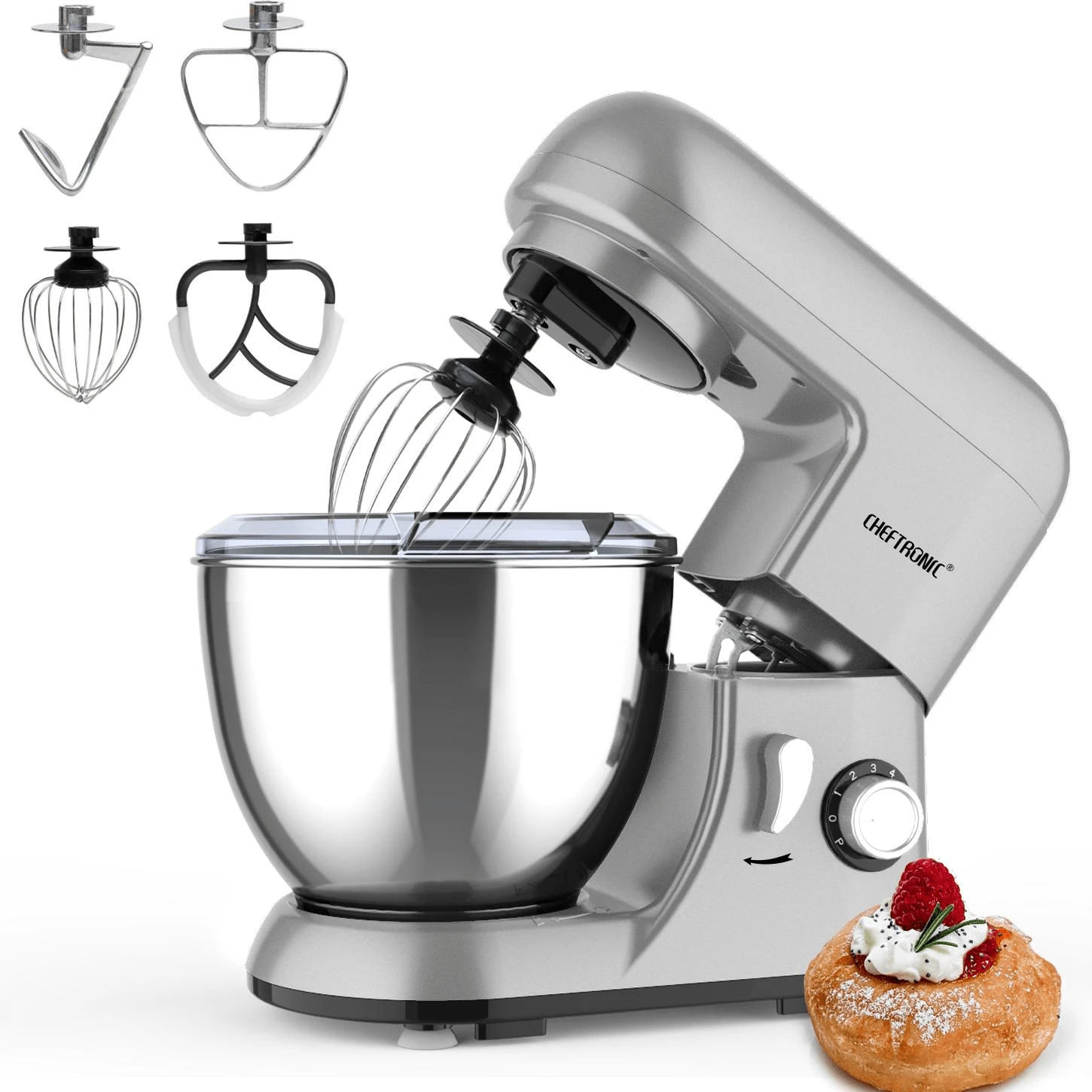 CHEFTRONIC 1pc Stand Mixer, 4L Tilt-Head Electric Household Stand Mixer - 1300W 6+P Speed, Multifunctional Kitchen Stand Up Mixer With Dough Hook, Whisk, Food Beater And Butter Beater - EU C Type Plug(220-240V) - View 1