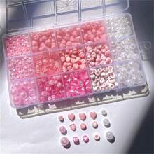 粉色盒装亚克力珠子优雅手工首饰制作套装，混合形状ABS仿珍珠珠子和心形珠子，可制作手链、项链、戒指和各种DIY首饰套装 - 粉色 - 查看 1