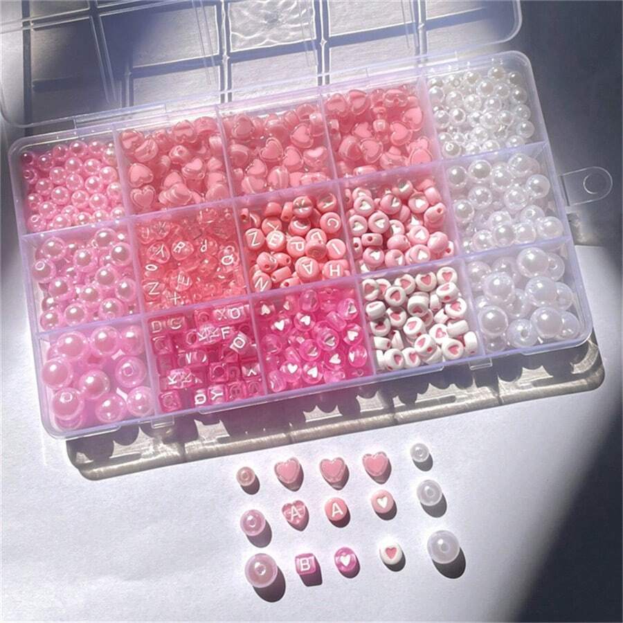 粉色盒装亚克力珠子优雅手工首饰制作套装，混合形状ABS仿珍珠珠子和心形珠子，可制作手链、项链、戒指和各种DIY首饰套装 - 粉色 - 查看 1
