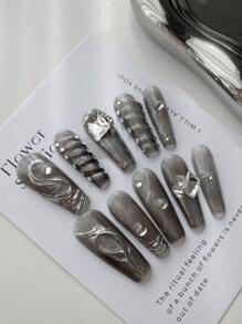 10 szt. Długie sztuczne paznokcie w stylu Millennium It Girl, czarne lustro z ciężkiego metalu i srebrny kryształ górski, ręcznie robione, zdejmowane i wielokrotnego użytku, odpowiednie do codziennej pracy biurowej, w zestawie 1 szt. kleju w żelu i 1 szt. pilnika do paznokci Materiały do paznokci