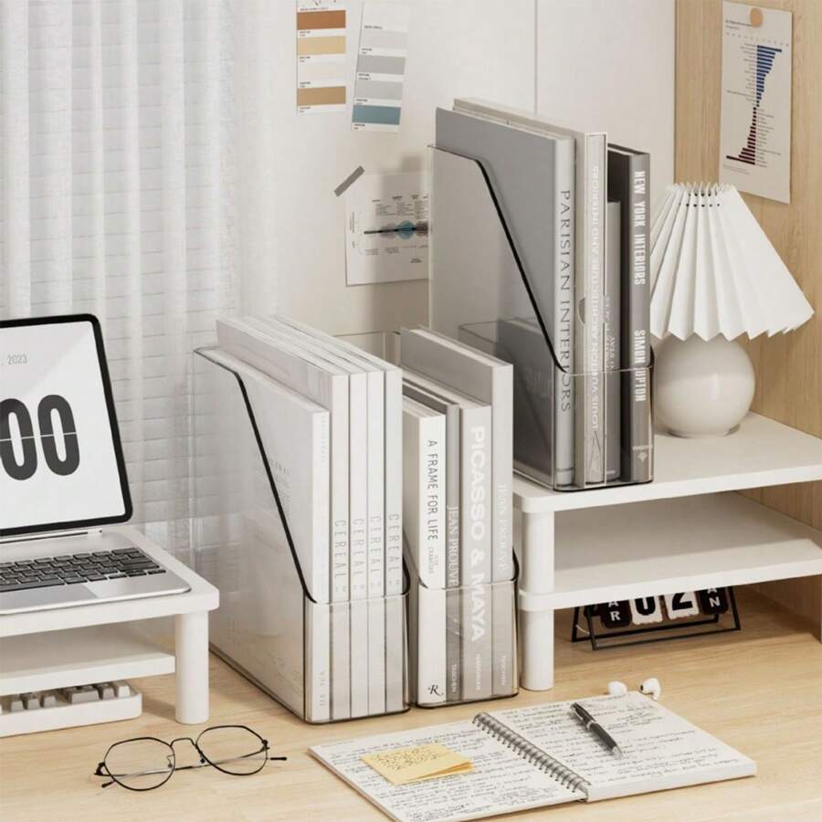 1pc Desktop Storage Box Document Holder Clear Dormitory Desk Stationery Bookshelf Large Capacity Office Organizer - Transparent White - View 1