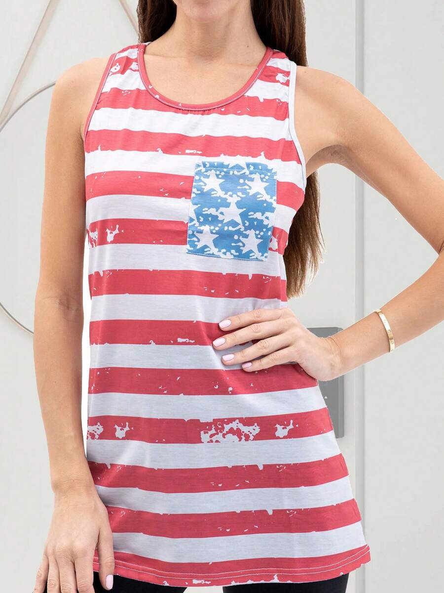 Women Casual Tank Tops Round Neck Basic Patriotic Shirt Summer Sleeveless T-Shirt USA Flag Stars Tee Cute Bow Clothes - 紅色 - 查看 1