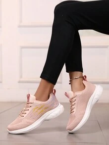 女性時尚透氣網布平底運動鞋，女性運動鞋，健身火山灰針織跑鞋，休閒步行鞋 - 藕粉色 - 查看 5