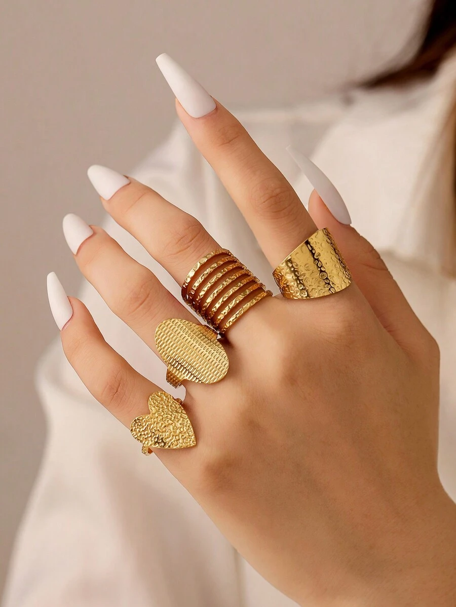 4pcs Stainless Steel Golden Fashion Exaggerated Women's Open Ring, Suitable For Women's Daily Matching Or Holiday Gifts