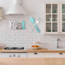 Set de 3 piezas de decoración de pared con letras "EAT", tenedor y cuchara, decoración rústica de madera "Eat", letras decorativas "Eat" lindas para la cocina y el hogar, letras de madera colgantes decorativas, arte de pared country para el comedor, decoración del hogar, decoración de habitación, decoración de pared - Multicolor - Ver 5
