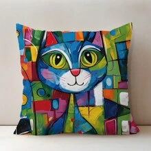 1 housse de coussin mignonne d'oreiller avec chat abstrait en aquarelle et texture en peau de pêche imprimée double face,double face,texturée en peau de pêche,45*45CM/18*18 pouces, pour coussin d'intérieur de canapé moderne, décoration de fête
