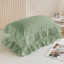3 Pieces Green Ruffle Bedding Set With 2 Pillowcase Frills Duvet Cover With Zipper Closure Soft Microfiber Duvet Cover Set Single Double King Size - Green - View 5