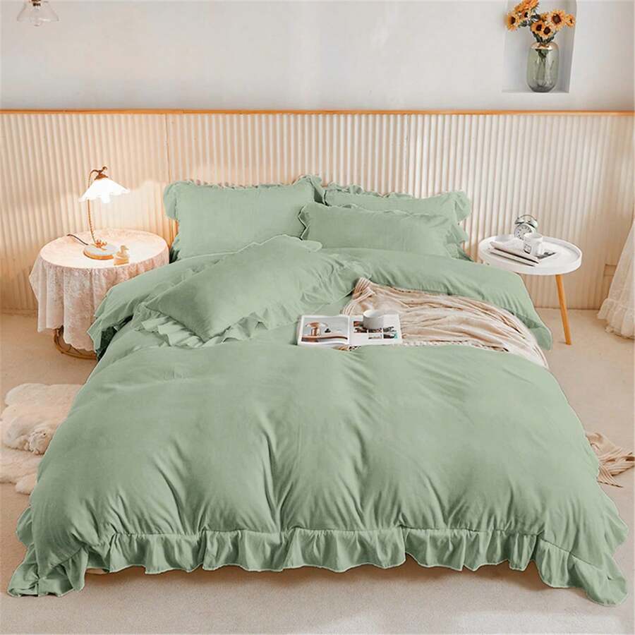 3 Pieces Green Ruffle Bedding Set With 2 Pillowcase Frills Duvet Cover With Zipper Closure Soft Microfiber Duvet Cover Set Single Double King Size