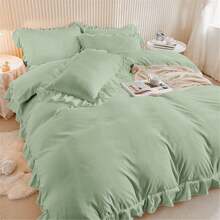 3 Pieces Green Ruffle Bedding Set With 2 Pillowcase Frills Duvet Cover With Zipper Closure Soft Microfiber Duvet Cover Set Single Double King Size - Green - View 3