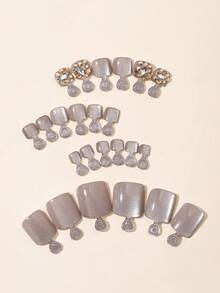 24 件短方形猫眼按压脚趾甲 3D 香槟色水钻白色钻石水钻假脚趾甲夏季风格指甲适合女士和女孩 - 灰色 - 查看 3