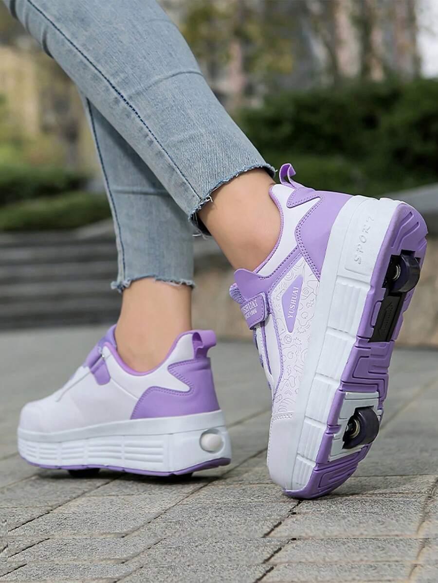 Student Double Wheel Rear Button Retractable Roller Skate Shoes, Female