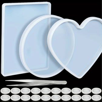 3 moldes grandes de resina, moldes de silicona flexibles, que incluyen moldes en forma de círculo, rectángulo y corazón para posavasos, moldes de decoración, con 20 dedales y 1 pinza