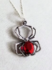 1pc Gothic Vintage Metal Spider Design Red Crystal Pendant Necklace, Unisex For Party Gift - Black - View 1