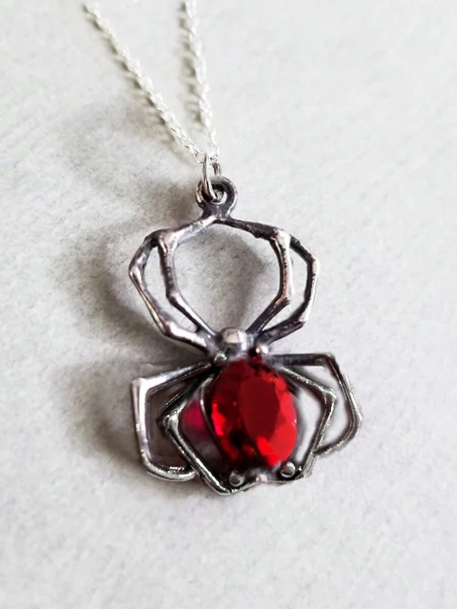1pc Gothic Vintage Metal Spider Design Red Crystal Pendant Necklace, Unisex For Party Gift - Black - View 1