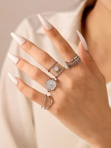 4pcs Stainless Steel Silver Crown, Sun, Shining Shield Logo Men And Women Open Hollow Ring Set, Suitable For Daily Matching And Gift Giving