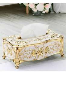 1pc European Rose Pattern Paper Towel Box, Suitable For Hotel, Restaurant, Home, Bathroom Paper Towel Storage And Desktop Decoration, Also Can Be Used For Home Bathroom Decor, Bathroom Storage, Autumn Decor And Back To School Decor. - Gold White - View 3