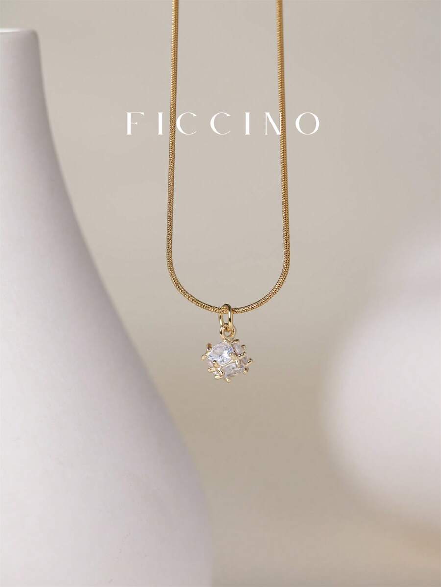 FICCINO FICCINO Miniature Exquisite Square Pendant With Gold Plating And Cubic Zirconia Inlay, Female Necklace Made Of Gold-Plated Titanium Steel Snake Chain, Golden Jewelry, Daily Collocation Or Occasion Wear Collarbone Chain, Festival And Anniversary Gifts With Box For Mother's Day