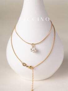 FICCINO FICCINO Miniature Exquisite Square Pendant With Gold Plating And Cubic Zirconia Inlay, Female Necklace Made Of Gold-Plated Titanium Steel Snake Chain, Golden Jewelry, Daily Collocation Or Occasion Wear Collarbone Chain, Festival And Anniversary Gifts With Box For Mother's Day