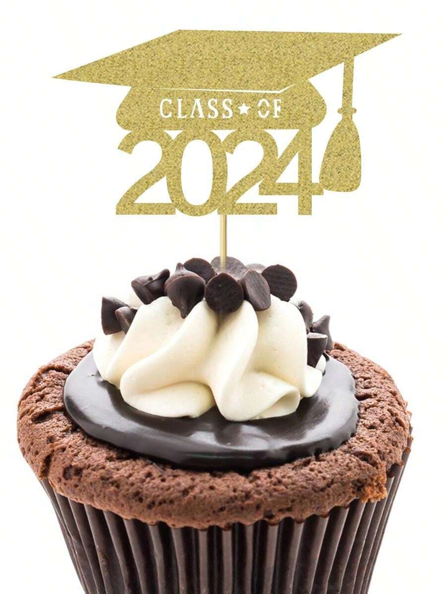 12pcs 2024 Graduation Theme Cupcake Toppers Glitter Class Of 2024