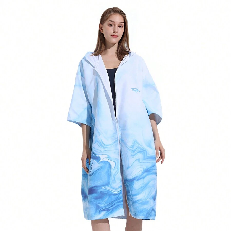 Changing Robe With Hood Microfiber Towel Poncho Robe With Zipper Short Sleeve Surf Poncho Oversized Changing Towel Robe Quick Dry Towel Poncho One Size Fit All For Surfing Swimming Wetsuit Changing - Blue - View 1