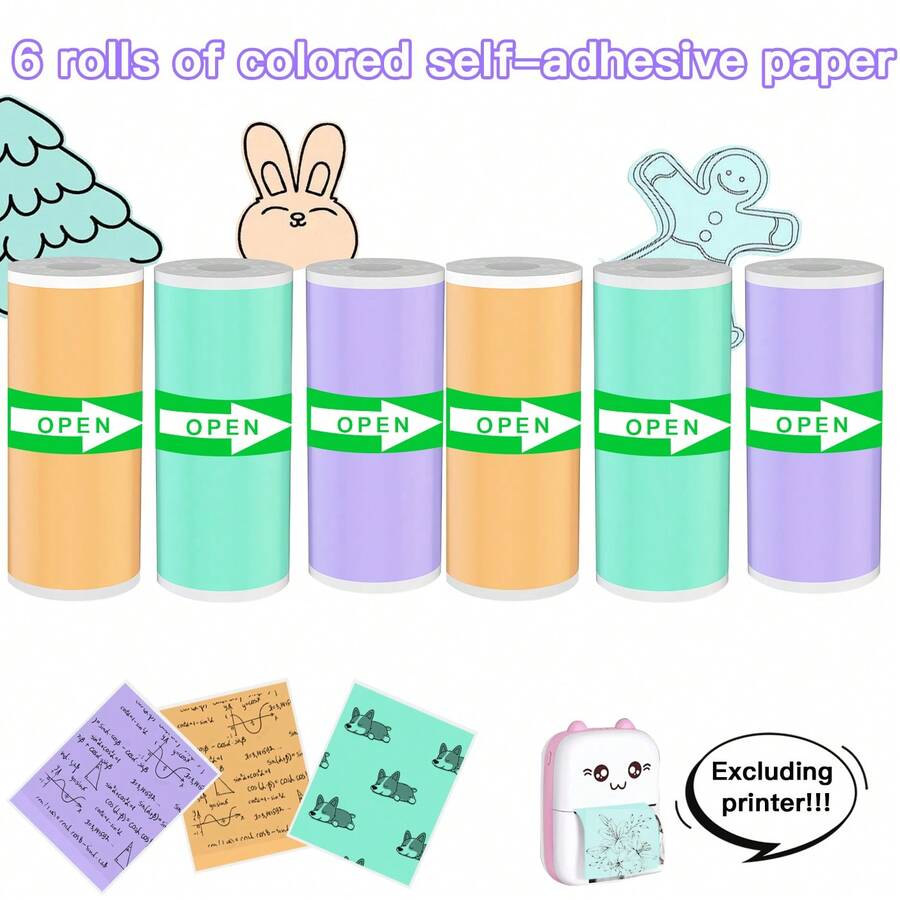 3/6/12 Cuộn Giấy In Mini Với Nhiều Màu Sắc Cho Máy In Nhiệt Bỏ Túi, Không Dây Nghiên Cứu Ghi Chú In Ảnh Inkless, 57 Mm - 6 tờ giấy tự dính nhiều màu - Xem 1