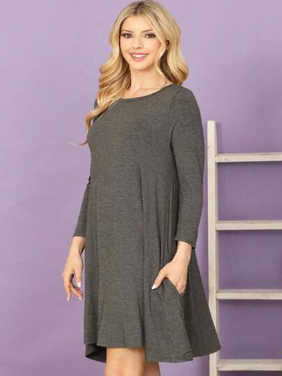 Solid Boat Neck Quarter Sleeve Side Pocket Dress