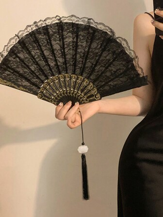 1 pieza Abanico plegable con encaje vintage de estilo francés a la moda, con flecos, ventilador portátil de verano para baile, Halloween