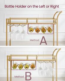 VASAGLE Drinks Trolley, Gold Bar Cart, Serving Trolley With 2 Mirrored Shelves, Wine Holders, Glass Holders, For Home Bar, Kitchen, Dining Room, Gold - Gold - View 6