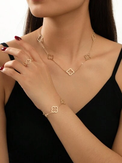 1 件花朵吊坠项链，1 件花朵手链，1 件花朵戒指，时尚休闲花卉项链套装情人节、妈妈、母亲、母亲节、礼物