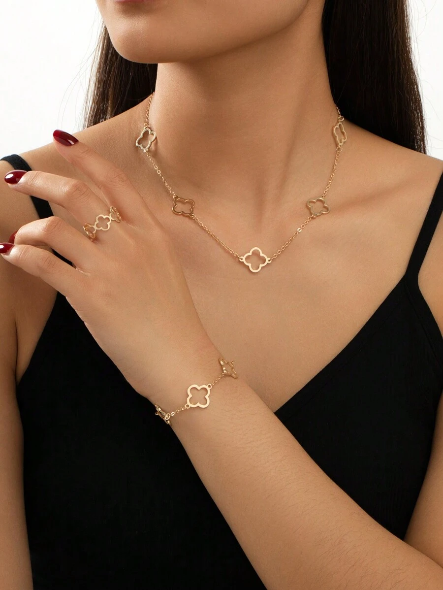 1 件花朵吊坠项链，1 件花朵手链，1 件花朵戒指，时尚休闲花卉项链套装情人节、妈妈、母亲、母亲节、礼物 - 金黃色 - 查看 1