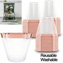 50 Pezzi Bicchieri di plastica trasparente resistenti da 9 Oz con bordo in oro rosa, perfetti per compleanni, matrimoni, ricevimenti e feste - Rosa - Visualizzare 3