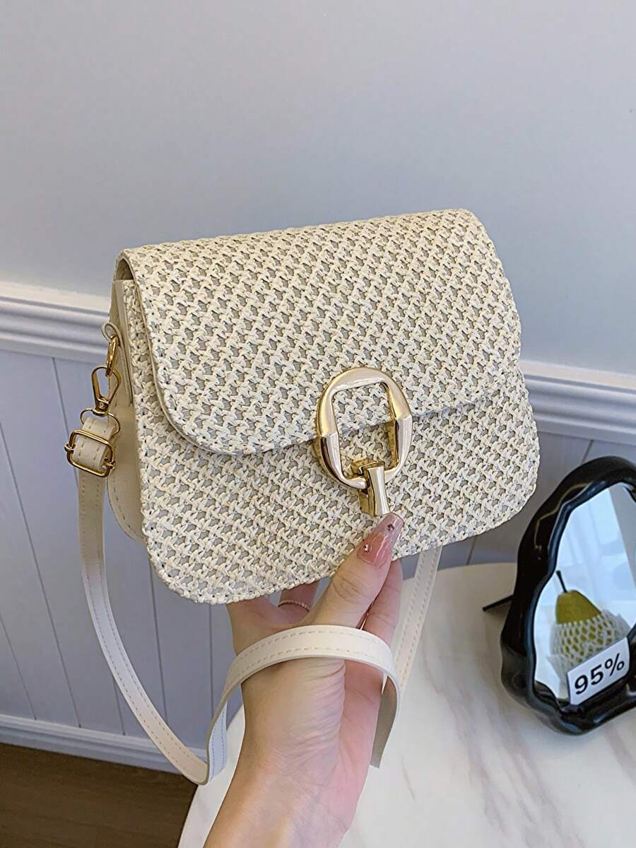 Borsa intrecciata di , primavera ed estate, borsa a guscio, borsa a tracolla con patta per donna, decorata con accessori metallici, a spalla/a tracolla/a mezza luna per l'uso quotidiano, borsa da spiaggia in paglia intrecciata, borsa piccola casual da vacanza - Beige - Visualizzare 1