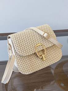 Borsa intrecciata di , primavera ed estate, borsa a guscio, borsa a tracolla con patta per donna, decorata con accessori metallici, a spalla/a tracolla/a mezza luna per l'uso quotidiano, borsa da spiaggia in paglia intrecciata, borsa piccola casual da vacanza - Beige - Visualizzare 7