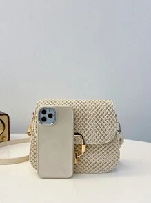 Borsa intrecciata di , primavera ed estate, borsa a guscio, borsa a tracolla con patta per donna, decorata con accessori metallici, a spalla/a tracolla/a mezza luna per l'uso quotidiano, borsa da spiaggia in paglia intrecciata, borsa piccola casual da vacanza - Beige - Visualizzare 8