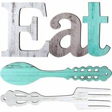 Set de 3 piezas de decoración de pared con letras "EAT", tenedor y cuchara, decoración rústica de madera "Eat", letras decorativas "Eat" lindas para la cocina y el hogar, letras de madera colgantes decorativas, arte de pared country para el comedor, decoración del hogar, decoración de habitación, decoración de pared - Multicolor - Ver 1