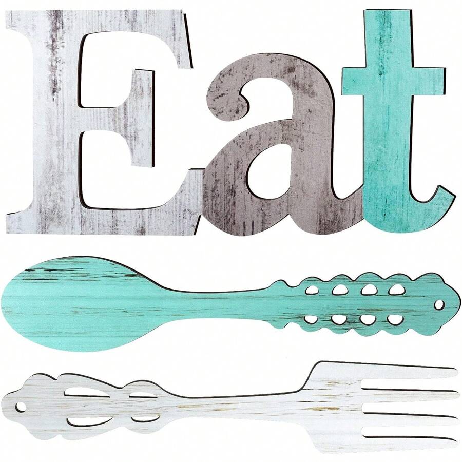 Set de 3 piezas de decoración de pared con letras "EAT", tenedor y cuchara, decoración rústica de madera "Eat", letras decorativas "Eat" lindas para la cocina y el hogar, letras de madera colgantes decorativas, arte de pared country para el comedor, decoración del hogar, decoración de habitación, decoración de pared - Multicolor - Ver 1