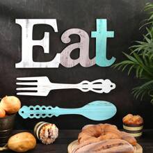 Set de 3 piezas de decoración de pared con letras "EAT", tenedor y cuchara, decoración rústica de madera "Eat", letras decorativas "Eat" lindas para la cocina y el hogar, letras de madera colgantes decorativas, arte de pared country para el comedor, decoración del hogar, decoración de habitación, decoración de pared - Multicolor - Ver 2